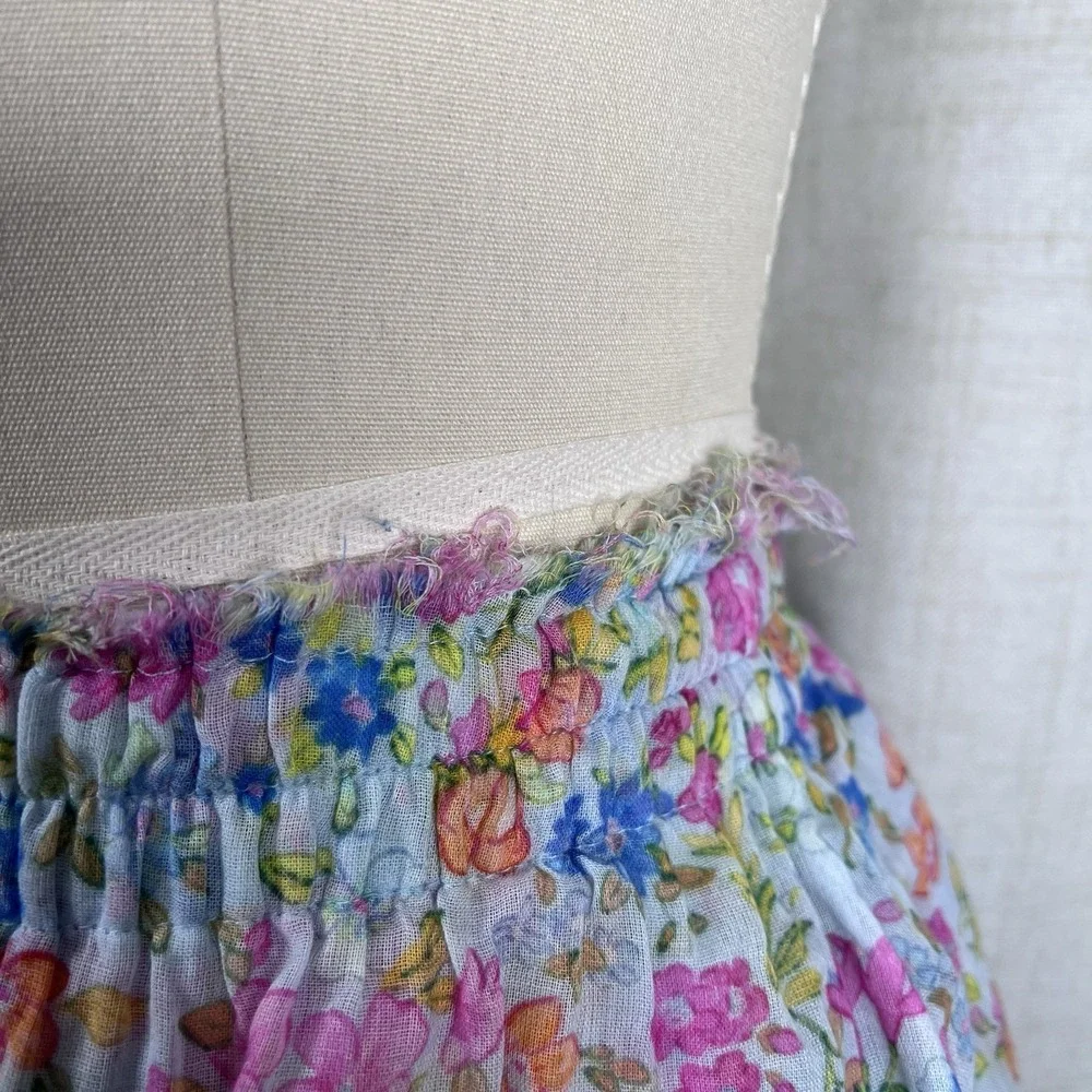LoveShackFancy Ruffle Tiered Mini‎ Skirt Coral Reef Waves Floral Blue Small